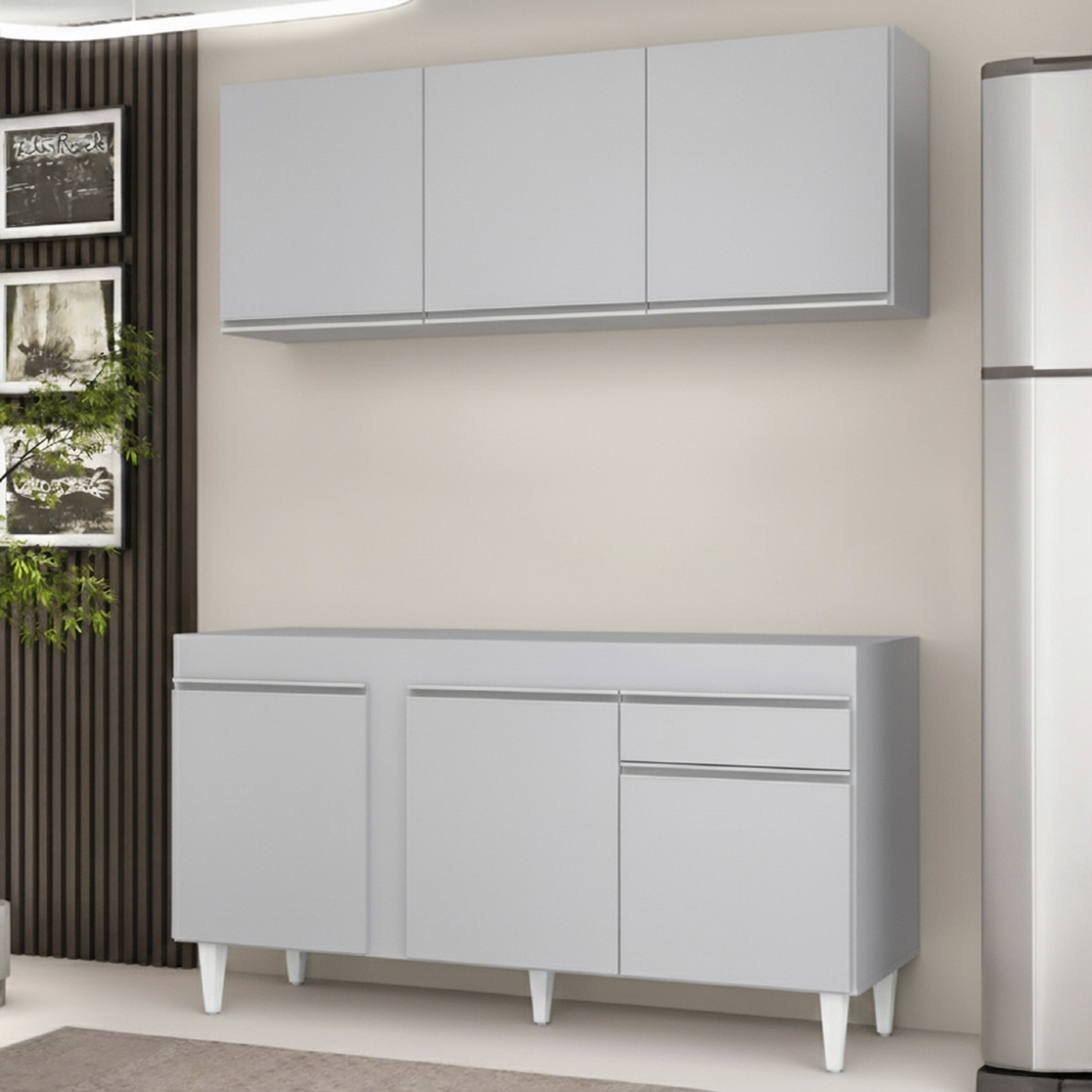 Armário Cozinha e Balcão Para Pia 150cm Dakota Cinza Claro  - Lumil