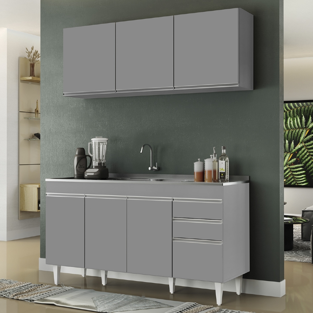 Armário Cozinha e Balcão Com Pia 150cm Marrocos Cinza      - Lumil