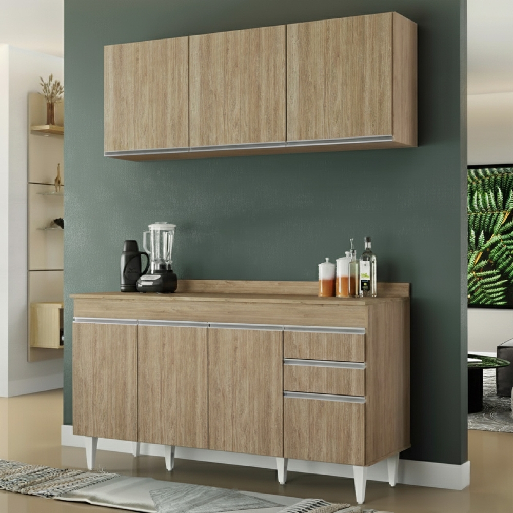 Armário Cozinha e Balcão Com Tampo 150cm Marrocos Castanho  - Lumil