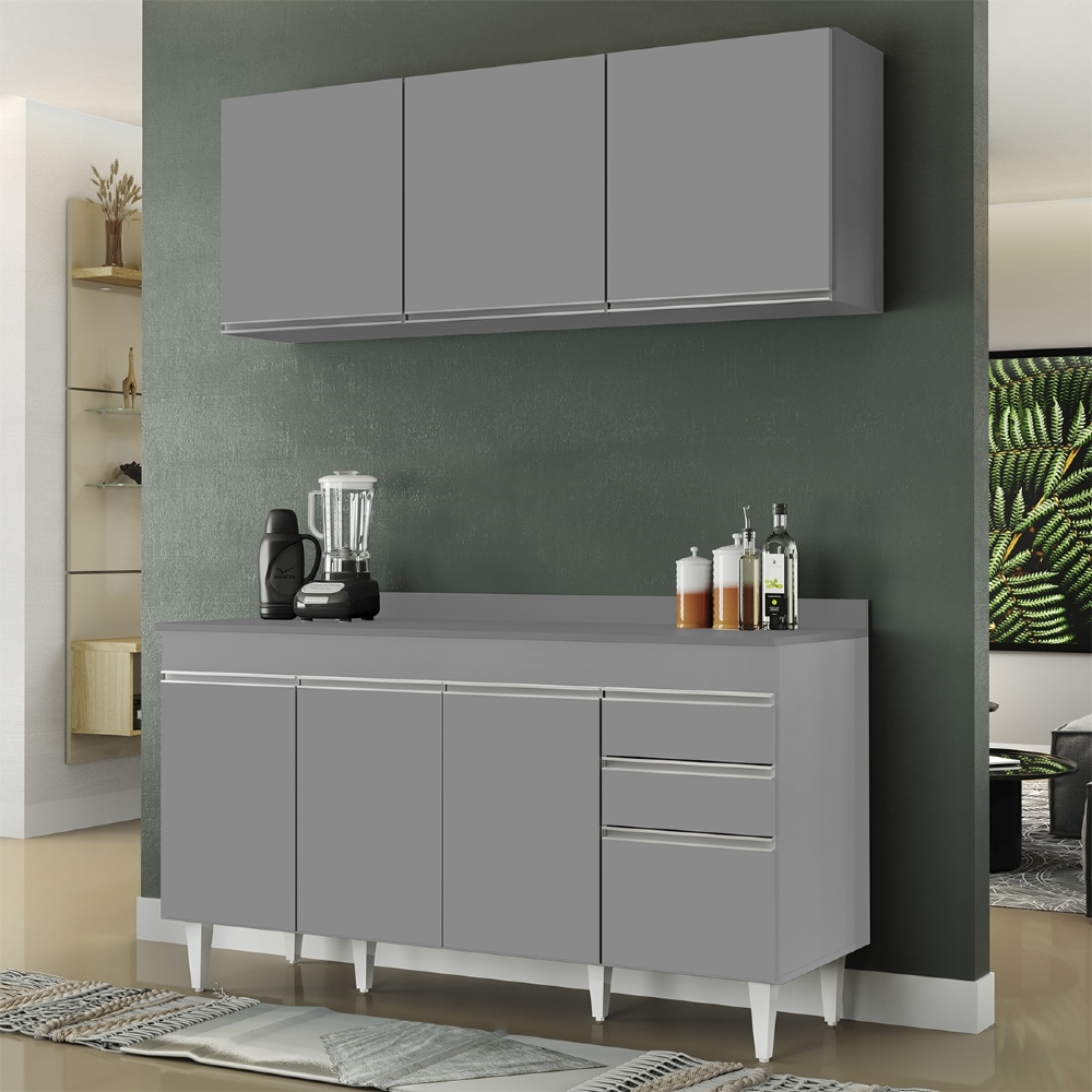 Armário Cozinha e Balcão Com Tampo 150cm Marrocos Cinza     - Lumil