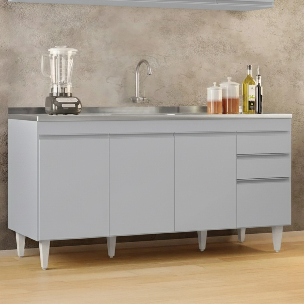 Balcão de Cozinha Com Pia Inox 160cm Arkansas Cinza Claro   - Lumil