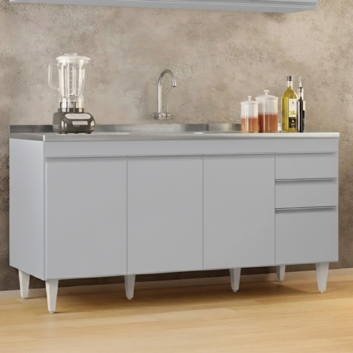 Balcão de Cozinha Com Pia Inox 160cm Arkansas Cinza Claro   - Lumil