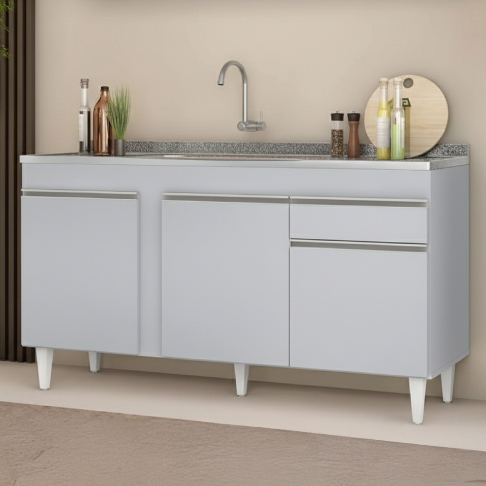 Balcão de Cozinha Com Pia Inox 150cm Dakota Cinza Claro     - Lumil