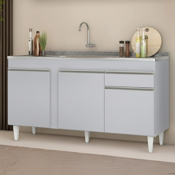 Balcão de Cozinha Com Pia Inox 150cm Dakota Cinza Claro     - Lumil