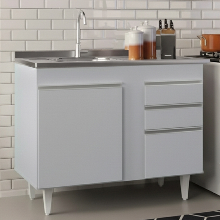 Balcão de Cozinha Com Pia Inox 100cm Luziania Cinza Claro   - Lumil