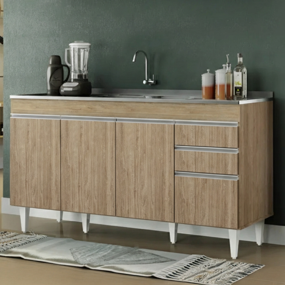 Balcão de Cozinha Com Pia Inox 150cm Marrocos Castanho      - Lumil