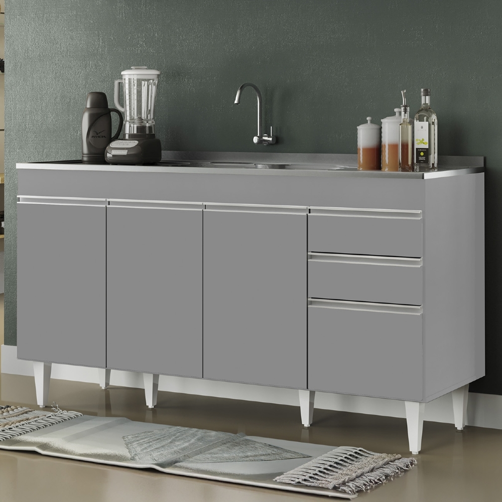 Balcão de Cozinha Com Pia Inox 150cm Marrocos Cinza         - Lumil