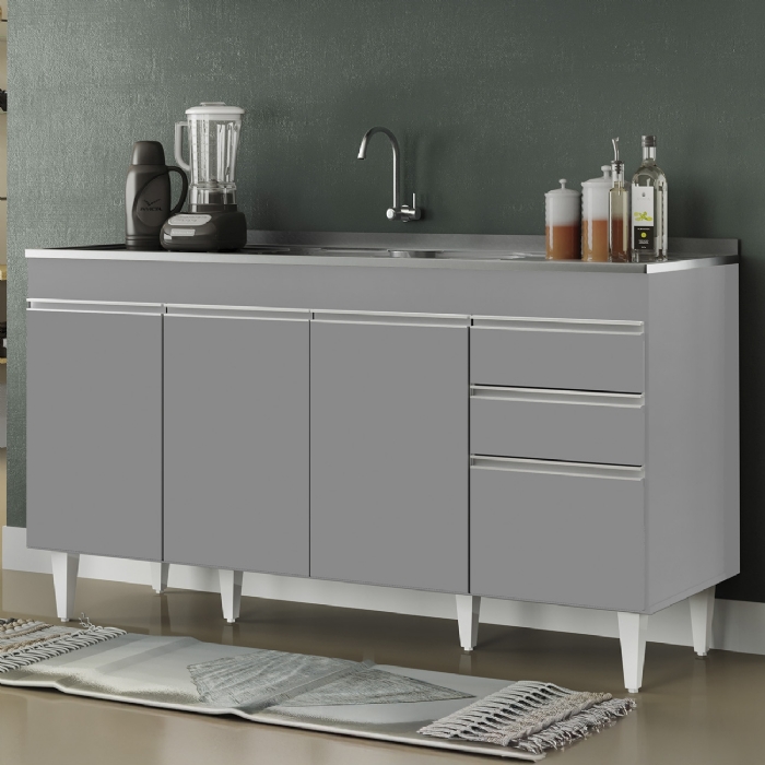 Balcão de Cozinha Com Pia Inox 150cm Marrocos Cinza         - Lumil