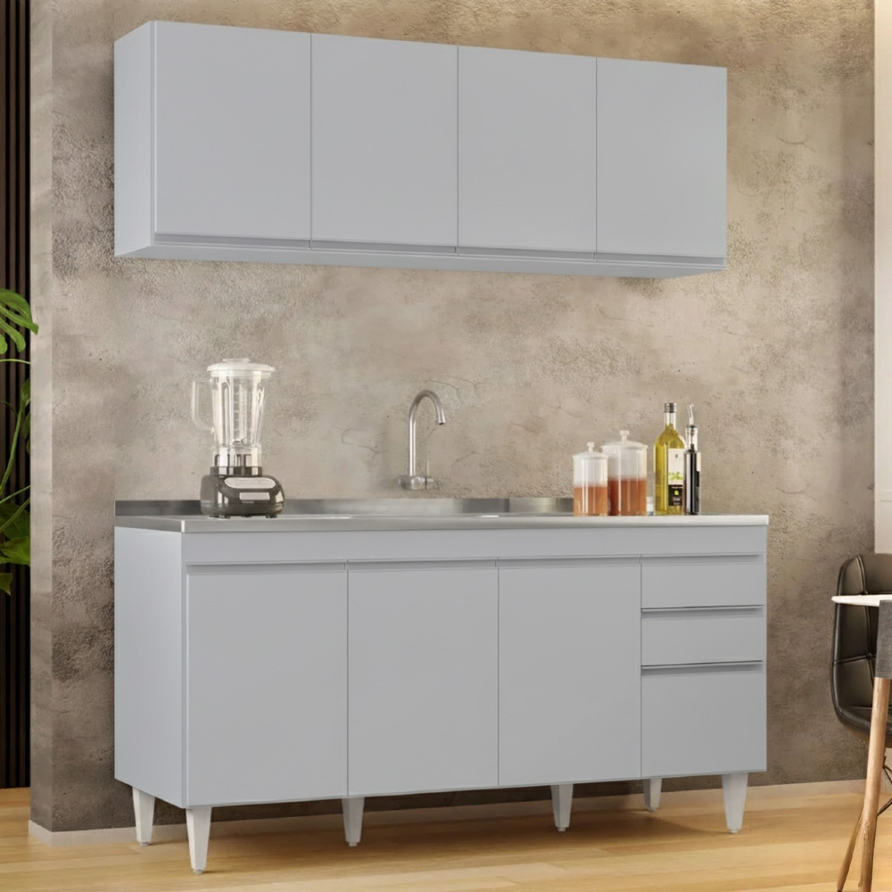 Armário Cozinha e Balcão Com Pia 160cm Arkansas Cinza Claro - Lumil