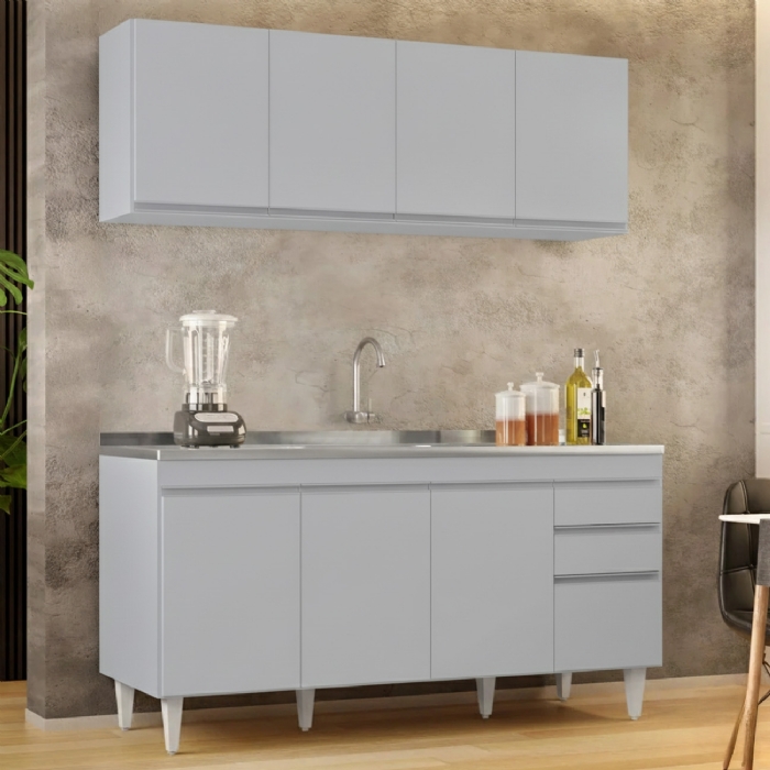 Armário Cozinha e Balcão Com Pia 160cm Arkansas Cinza Claro - Lumil