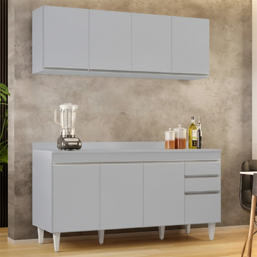 Armário Cozinha e Balcão Com Tampo 160cm Arkansas Cinza Claro - Lumil