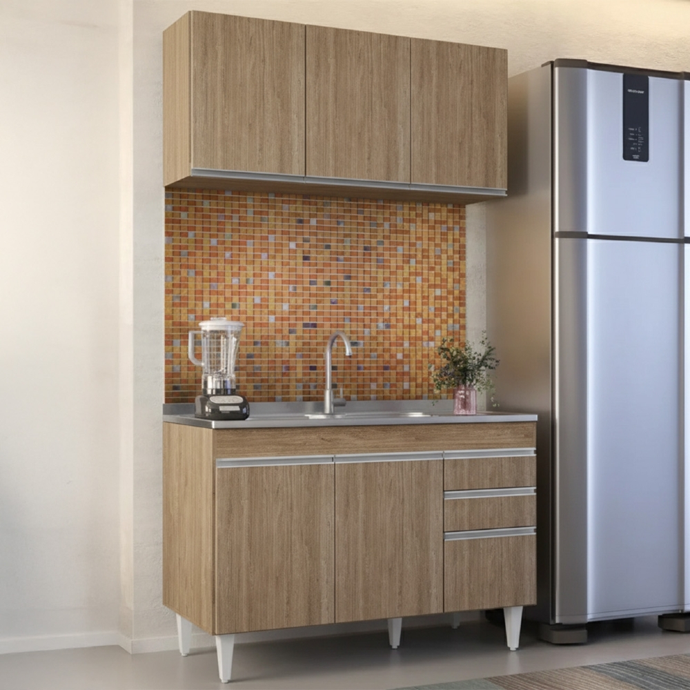 Armário Cozinha e Balcão Com Pia 120cm Michigan Castanho    - Lumil