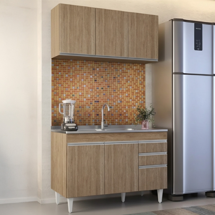 Armário Cozinha e Balcão Com Pia 120cm Michigan Castanho    - Lumil