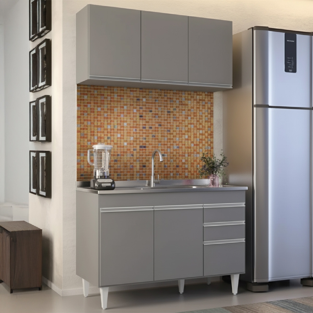 Armário Cozinha e Balcão Com Pia 120cm Michigan Cinza       - Lumil