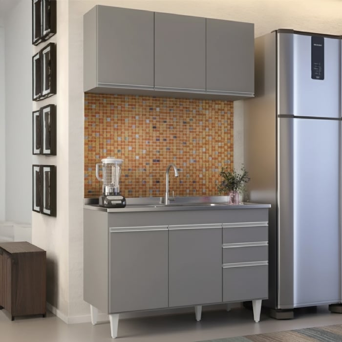 Armário Cozinha e Balcão Com Pia 120cm Michigan Cinza       - Lumil