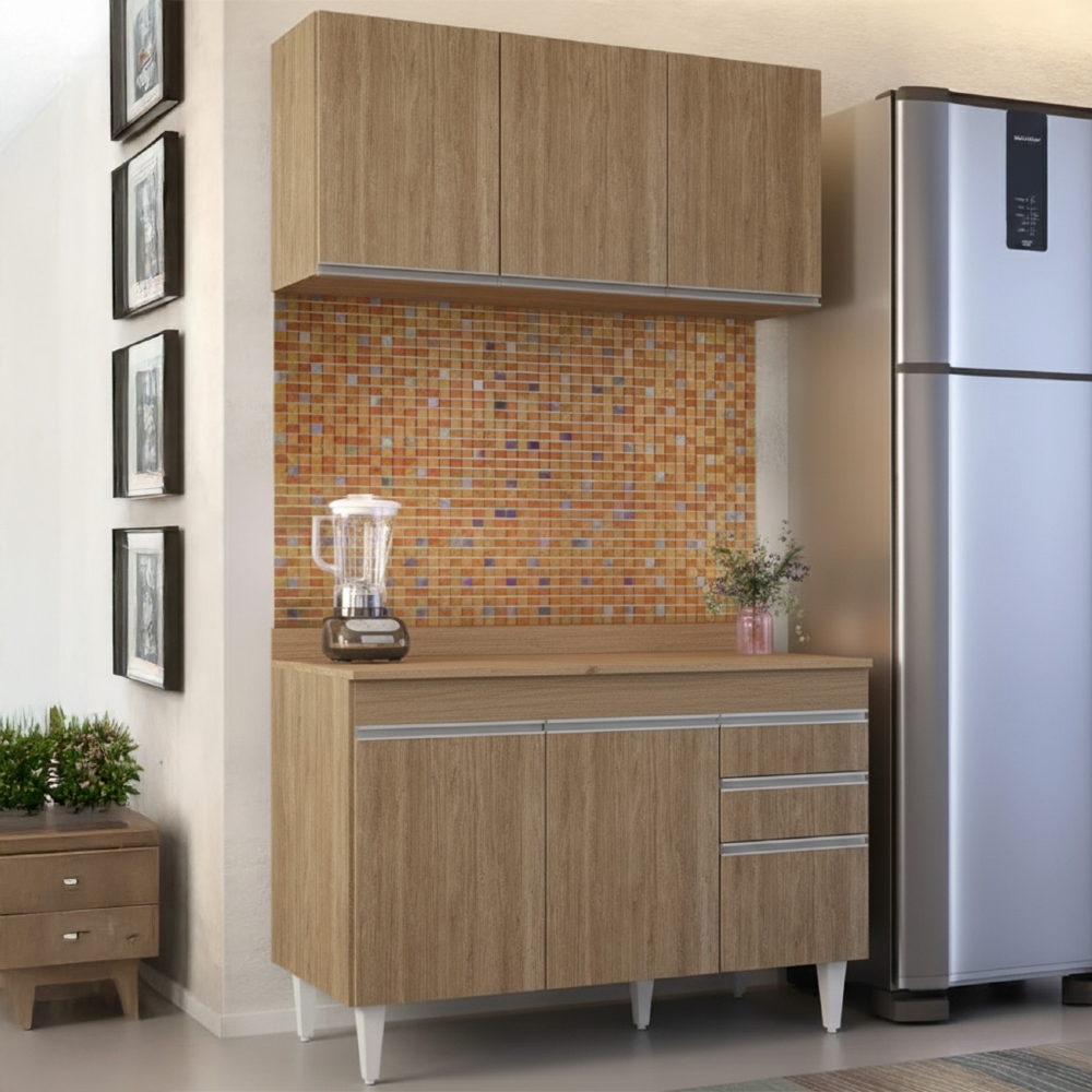 Armário Cozinha e Balcão Com Tampo 120cm Michigan Castanho  - Lumil