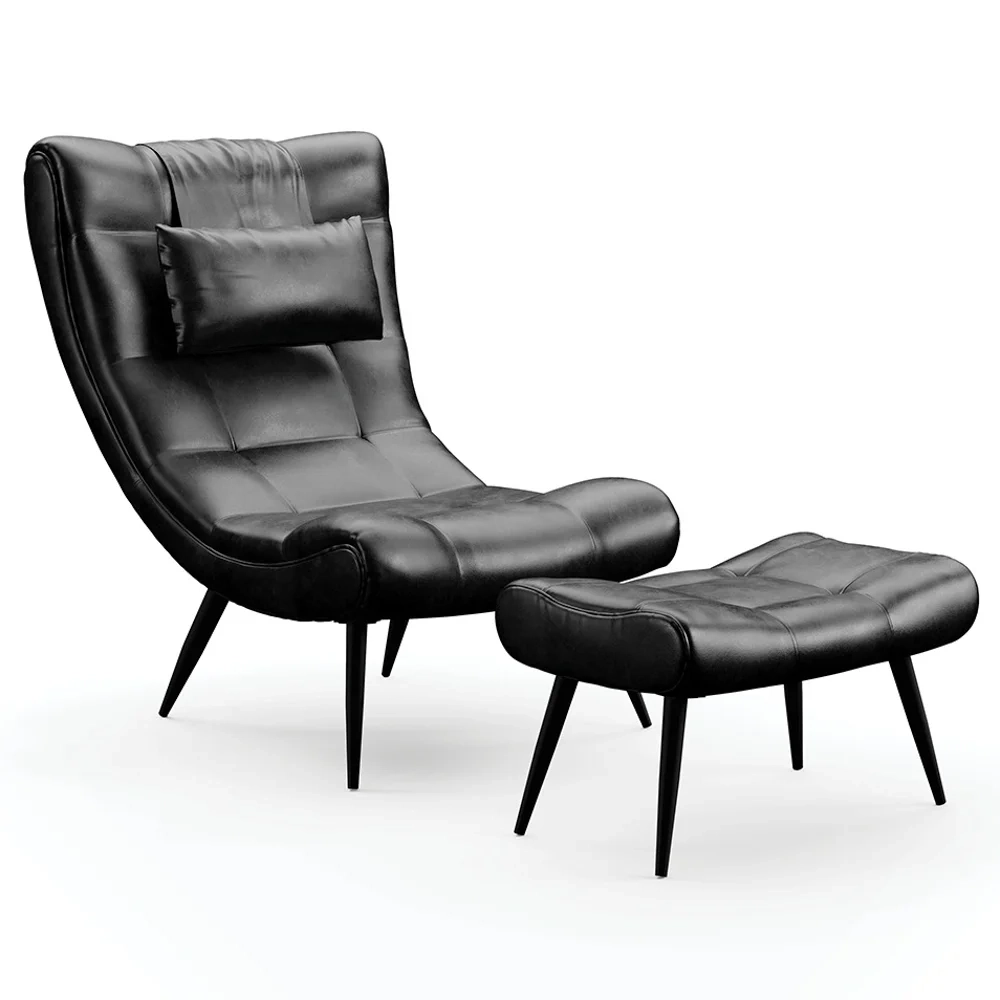Kit Poltrona e Puff Para Sala de Estar com Almofada e Pés Palito Lord Sintético Preto - Ibiza