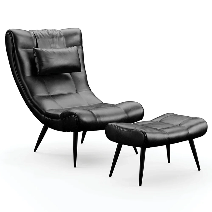 Kit Poltrona e Puff Para Sala de Estar com Almofada e Pés Palito Lord Sintético Preto - Ibiza