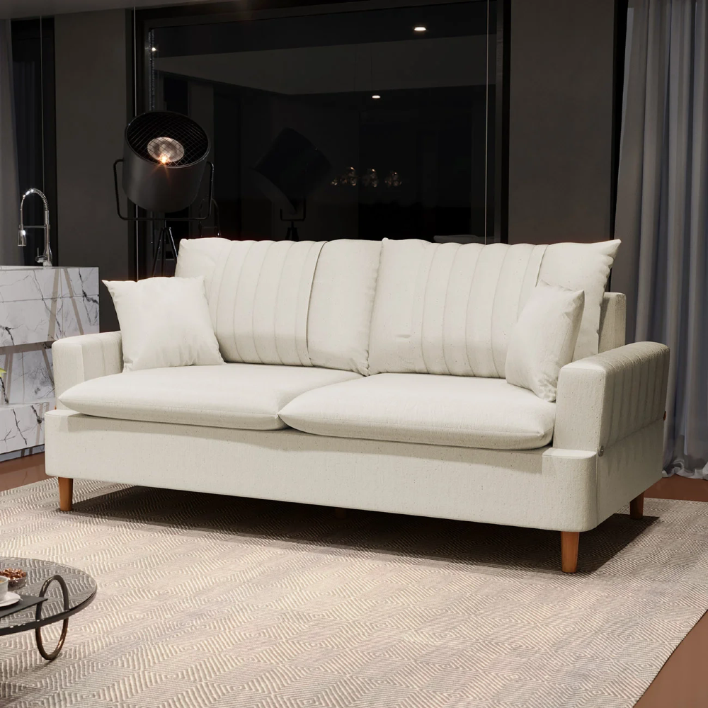 Sofá 180cm 3 Lugares com Almofadas Pés Curvos Veras Linho D05 Cru - Mpozenato