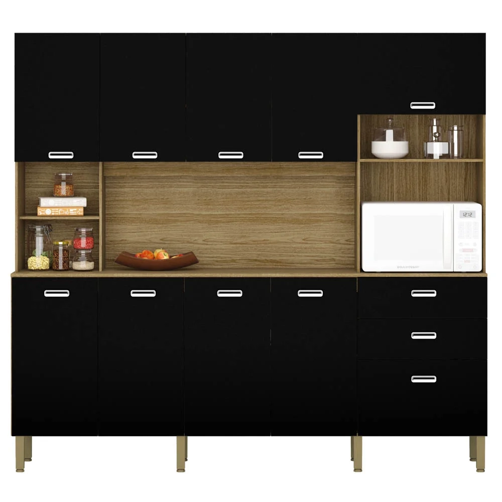 Armário de Cozinha Compacta 222cm Intensa Z06 Freijó/Nero - Mpozenato