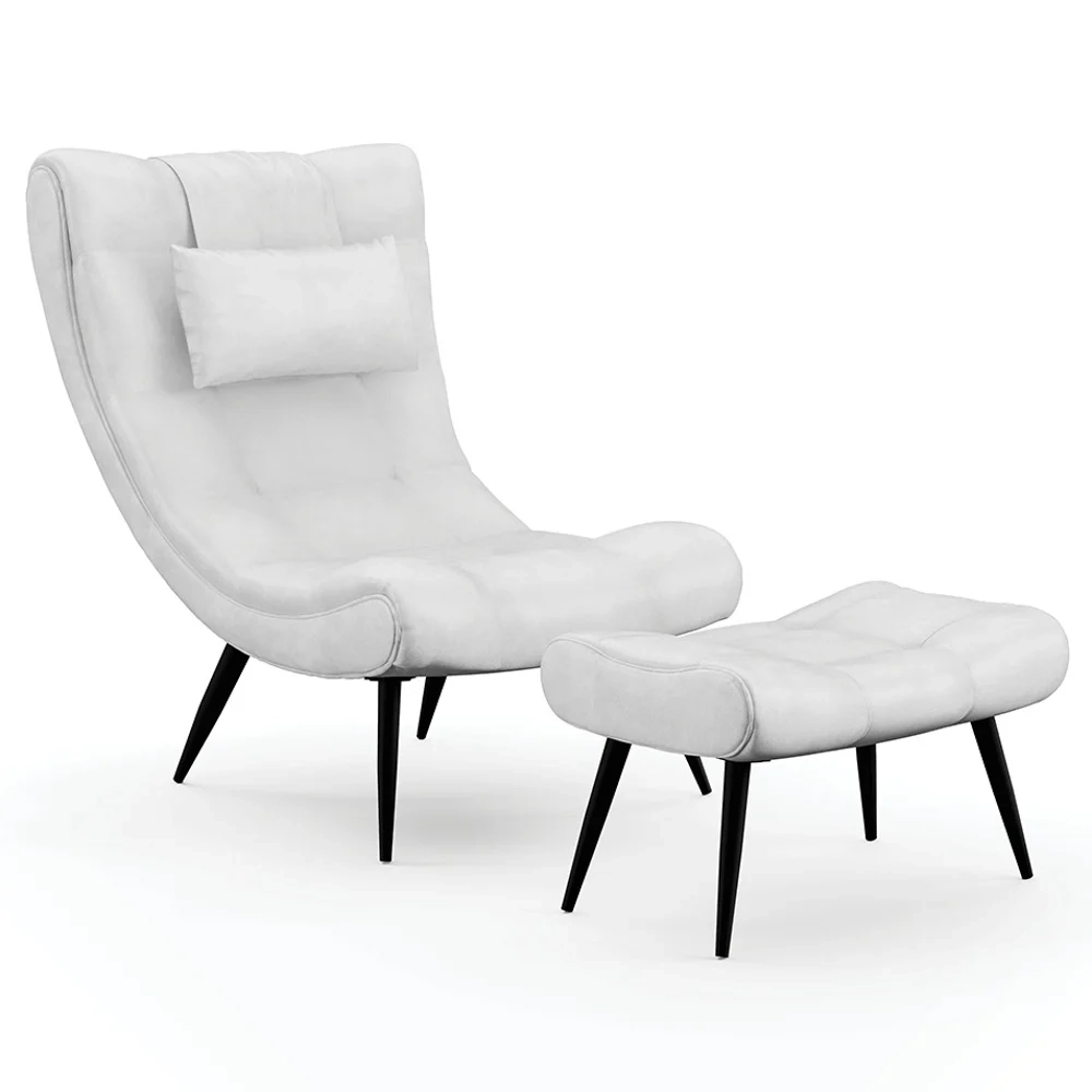 Kit Poltrona e Puff Para Sala de Estar com Almofada e Pés Palito Lord Sintético Branco - Ibiza