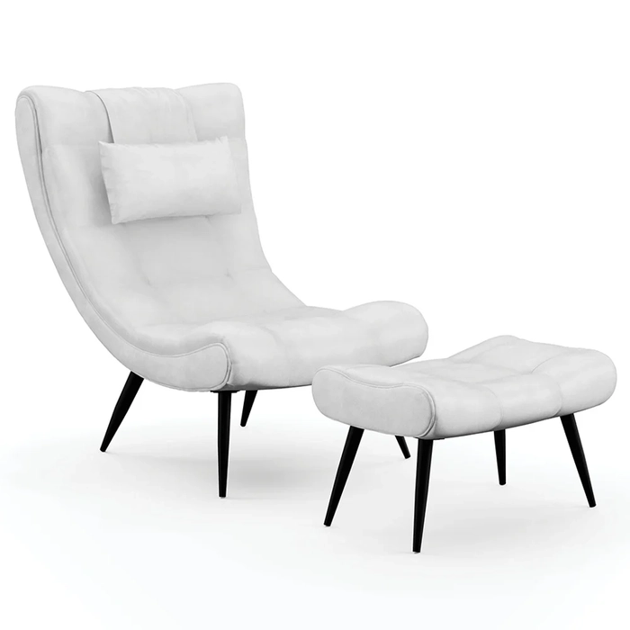 Kit Poltrona e Puff Para Sala de Estar com Almofada e Pés Palito Lord Sintético Branco - Ibiza
