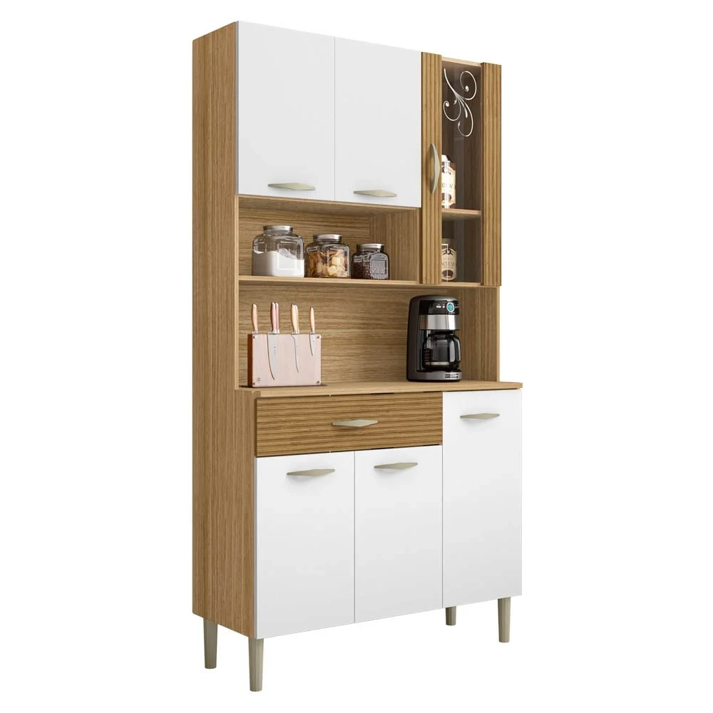 Armário de Cozinha Compacta 90cm Bruna Z06 Freijó/Supremo/Ripado - Mpozenato