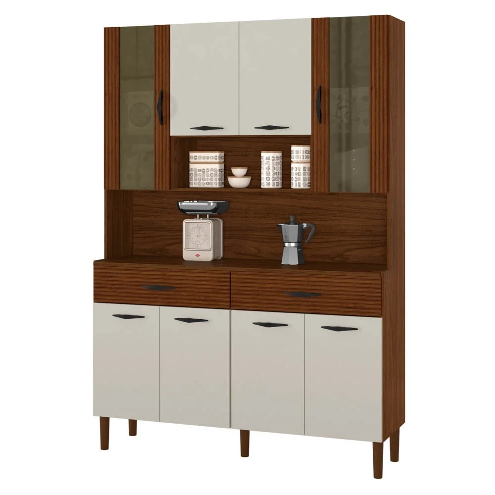 Armário de Cozinha Compacta 121cm Bruna Z06 Nogueira/Off White/Ripado - Mpozenato