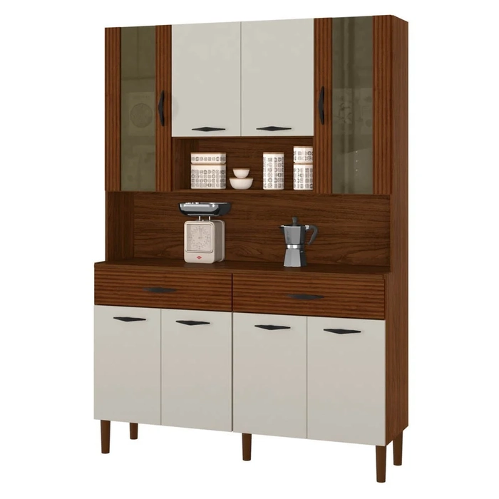 Armário de Cozinha Compacta 121cm Bruna Z06 Nogueira/Off White/Ripado - Mpozenato