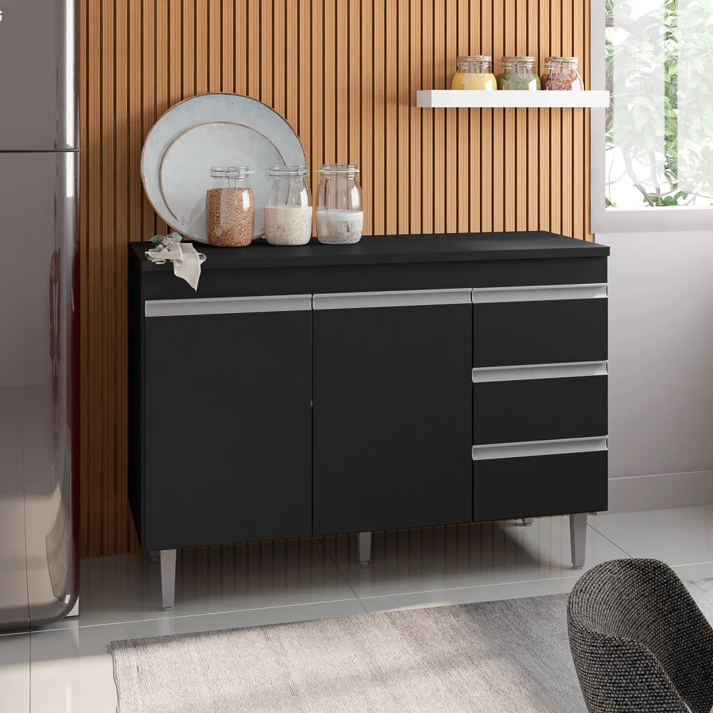 Balcão Gabinete Para Pia 100cm com Tampo 2 Portas Andréia Preto - AJL Móveis