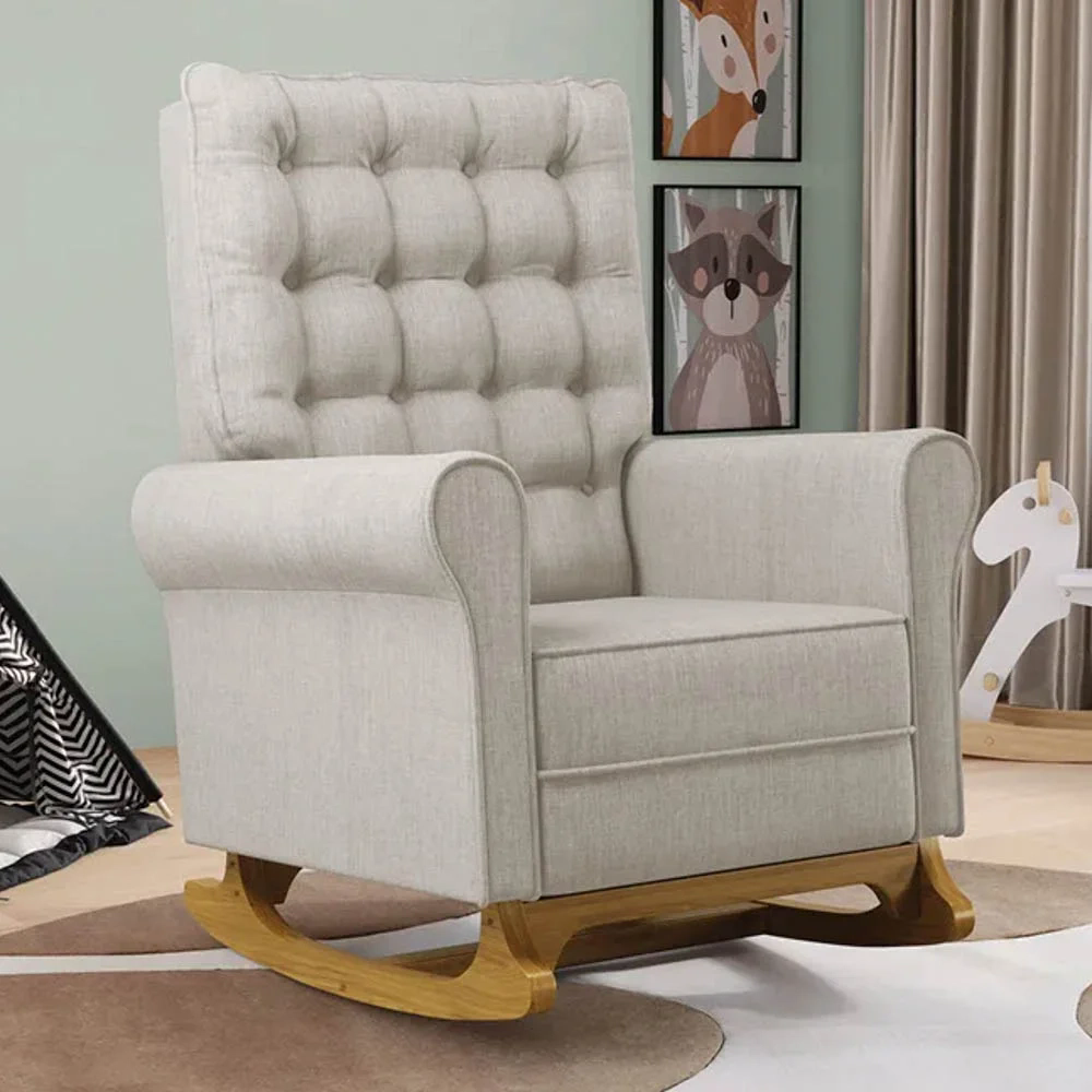 Poltrona de Amamentação e Descanso Base Madeira Balanço Brenda G05 Linho Bege - Mpozenato