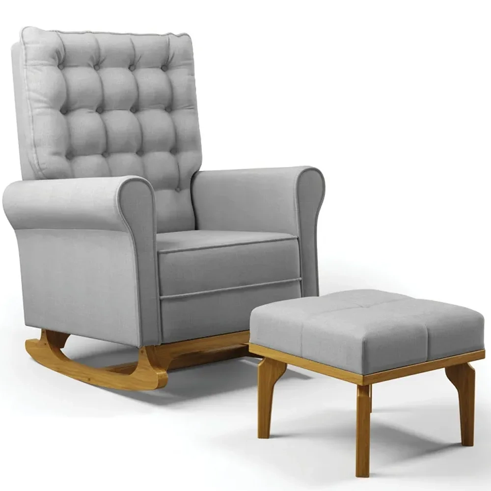 Poltrona de Amamentação Balanço e Puff Base de Madeira Brenda G05 Linho Cinza Escuro - Mpozenato