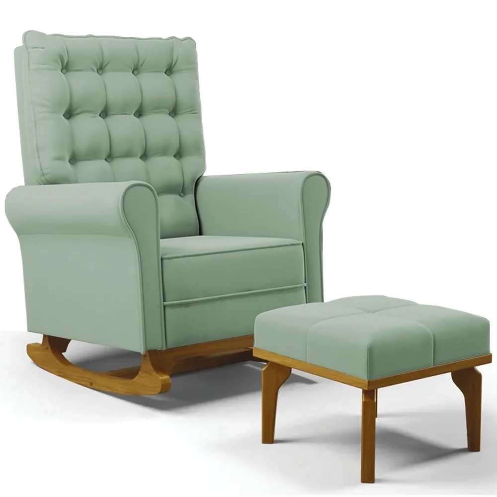 Poltrona de Amamentação Balanço e Puff Base de Madeira Brenda G05 Veludo Verde - Mpozenato
