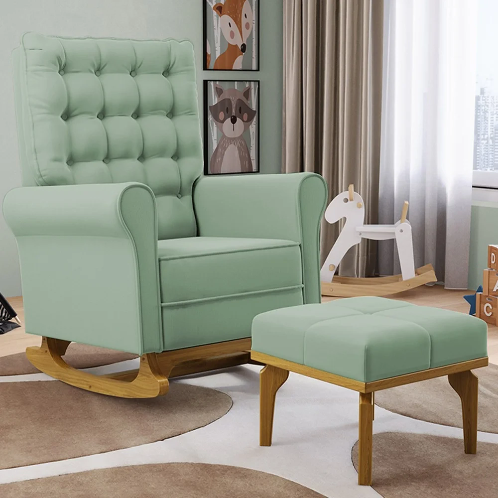 Poltrona de Amamentação Balanço e Puff Base de Madeira Brenda G05 Veludo Verde - Mpozenato