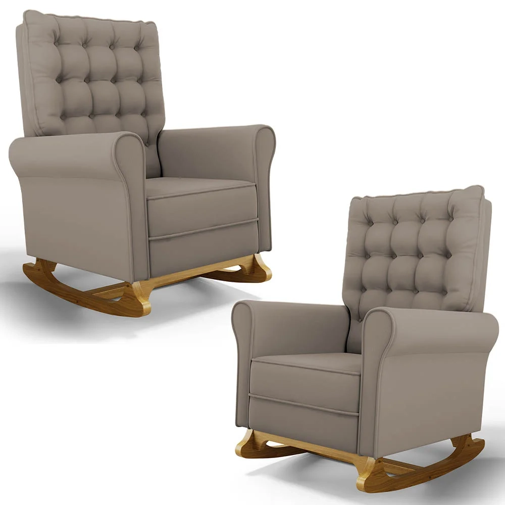 Kit 02 Poltronas de Amamentação Base Madeira Balanço Brenda G05 Veludo Areia - Mpozenato