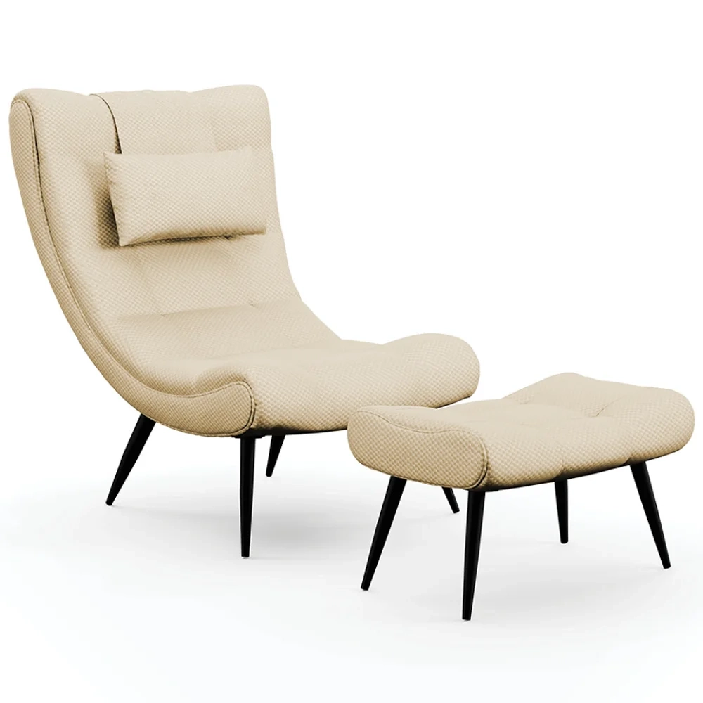 Kit Poltrona e Puff Para Sala de Estar com Almofada e Pés Palito Lord Veludo Luxo Off White - Ibiza