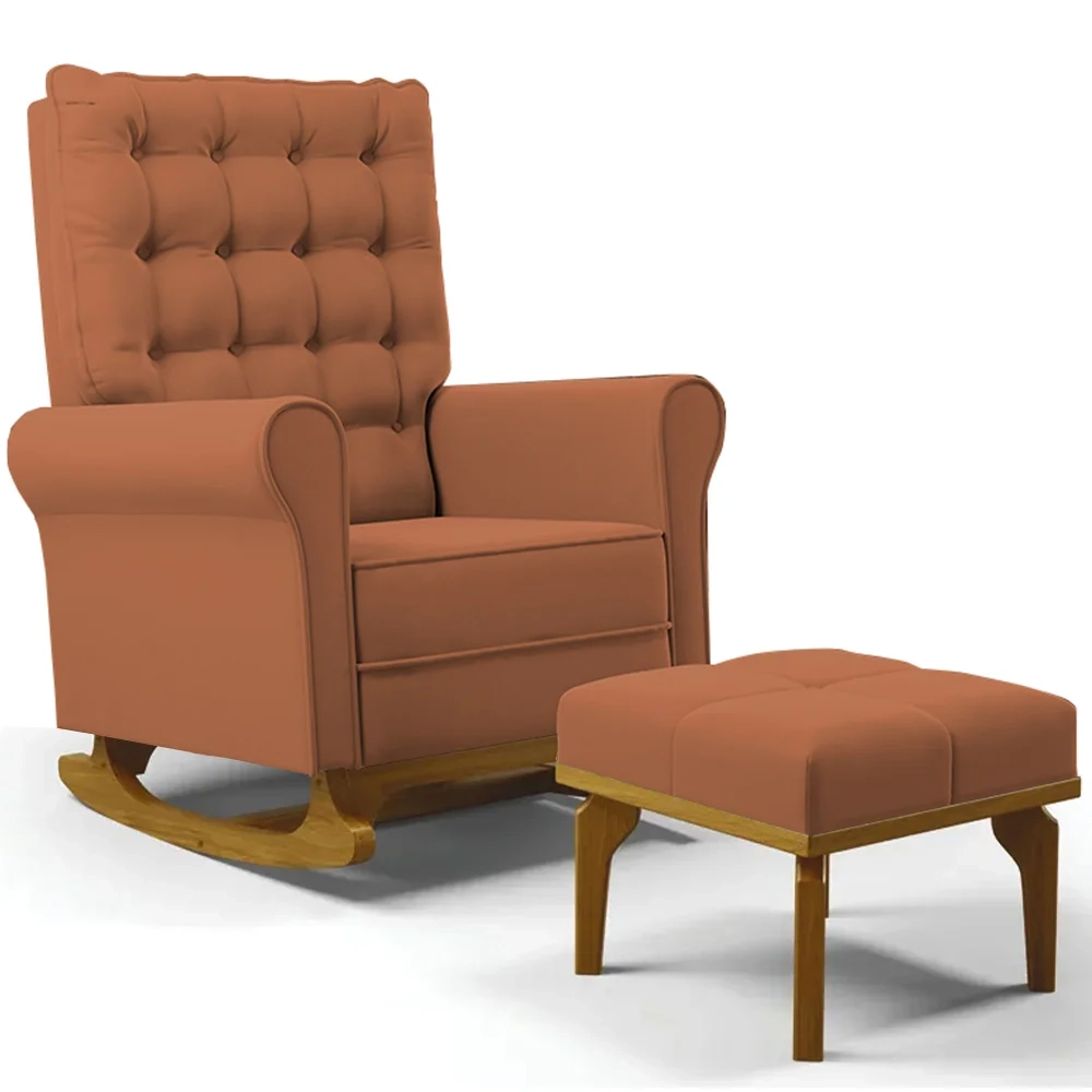 Poltrona de Amamentação Balanço e Puff Base de Madeira Brenda G05 Veludo Terracota - Mpozenato