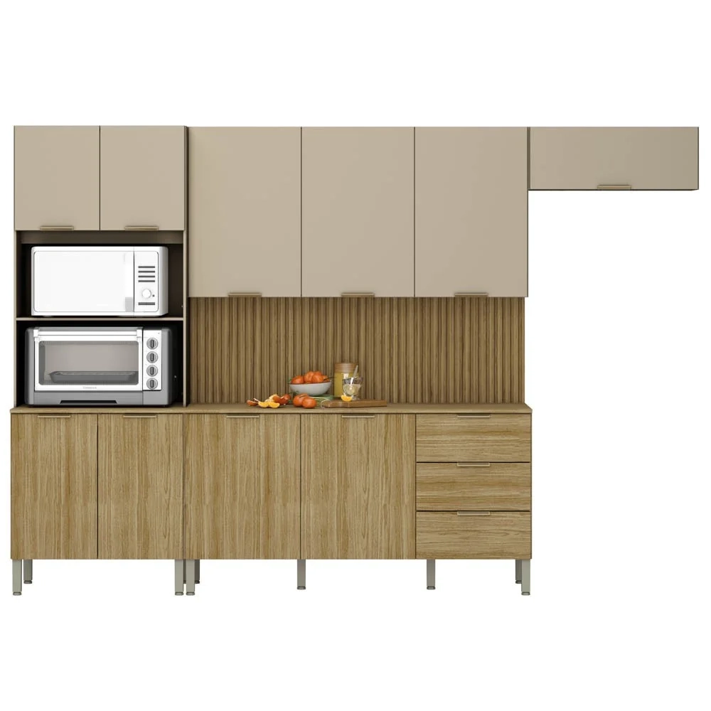 Armário de Cozinha 4 Peças Charm03 Balcão com Tampo 160cm Z06 Freijó/Vanilla - Mpozenato