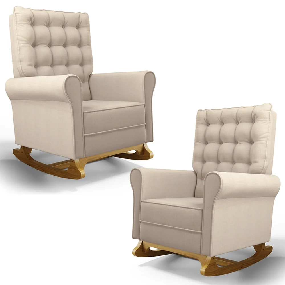 Kit 02 Poltronas de Amamentação e Descanso Base Madeira Balanço Brenda G05 Linho Creme - Mpozenato