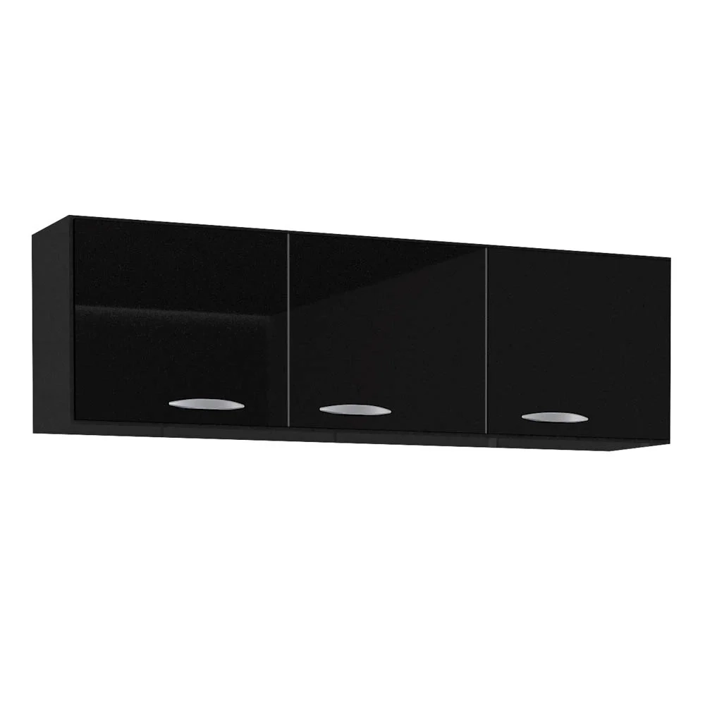 Armário Aéreo de Cozinha 120cm 3 Portas Classic Preto - Poquema