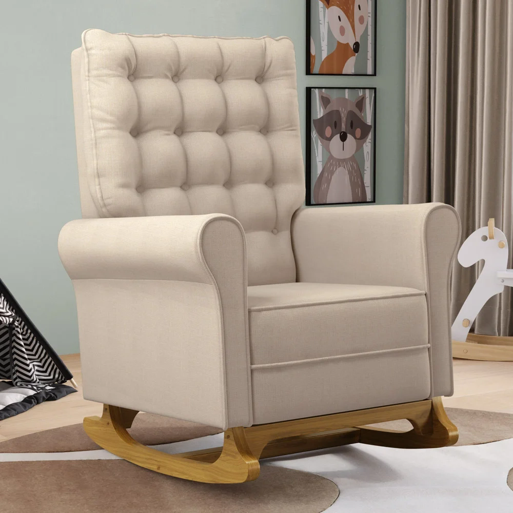 Poltrona de Amamentação e Descanso Base Madeira Com Balanço Brenda G05 Linho Creme - Mpozenato