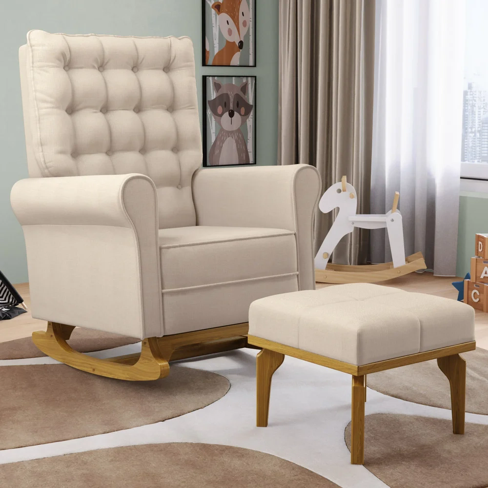 Poltrona de Amamentação Balanço e Puff Base de Madeira Brenda G05 Linho Creme - Mpozenato