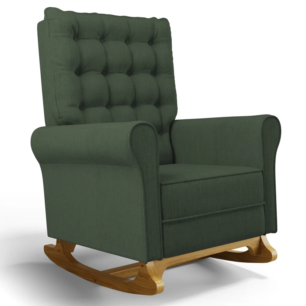Poltrona de Amamentação e Descanso Base Madeira Com Balanço Brenda G05 Linho Verde - Mpozenato