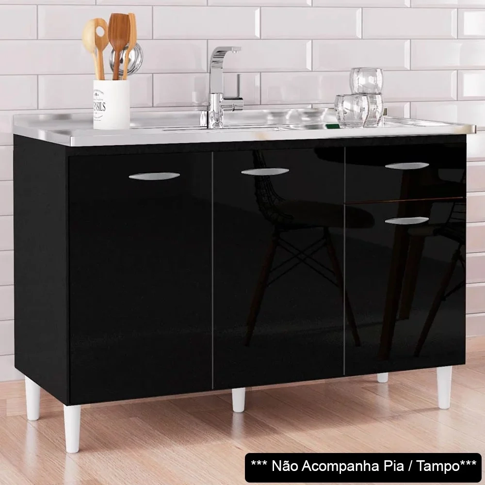 Balcão Gabinete de Pia para Cozinha 120cm 3 Portas Classic Z46 Preto - Mpozenato
