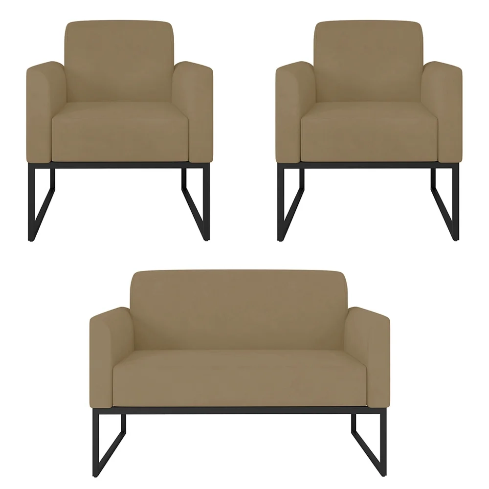 Kit Namoradeira e 2 Poltronas Decorativas Base Industrial Preta Maressa S12 Suede Marrom Rato - Ibiza