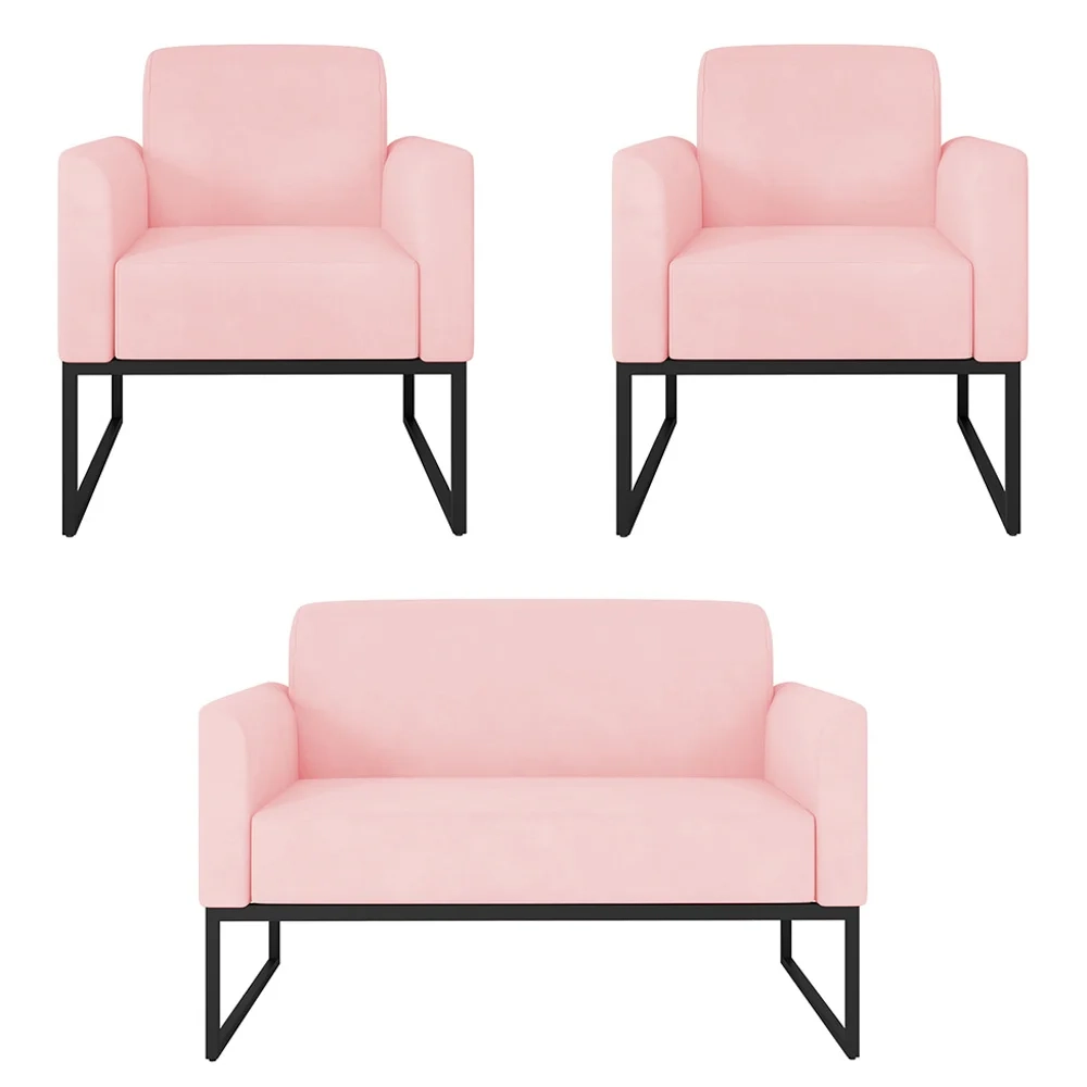 Kit Namoradeira e 2 Poltronas Decorativas Base Industrial Preta Maressa S19 Suede Rosa Bebê - Ibiza