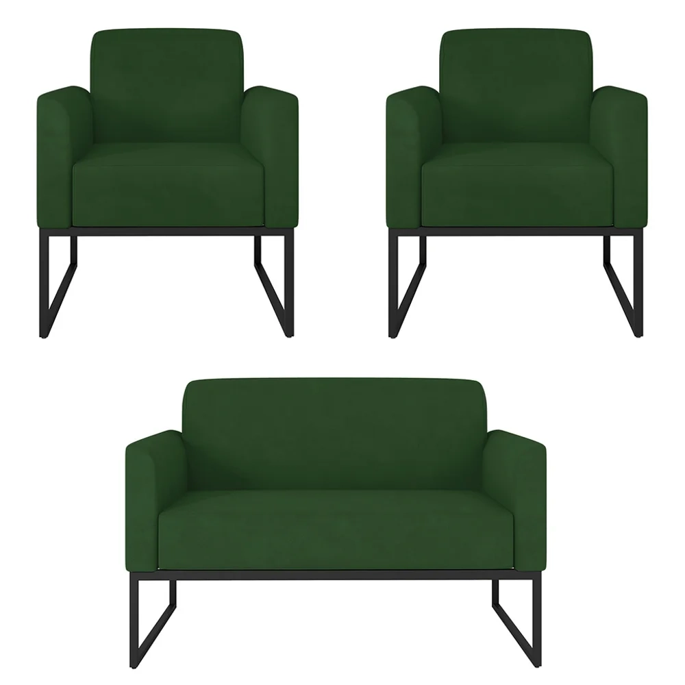 Kit Namoradeira e 2 Poltronas Decorativas Base Industrial Preta Maressa S23 Suede Verde - Ibiza