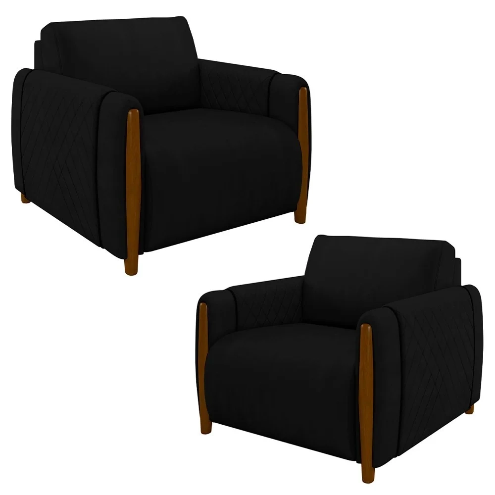 Kit 2 Poltronas Decorativas para Sala de Estar 98cm Amaranto Z32 Veludo Preto - Mpozenato