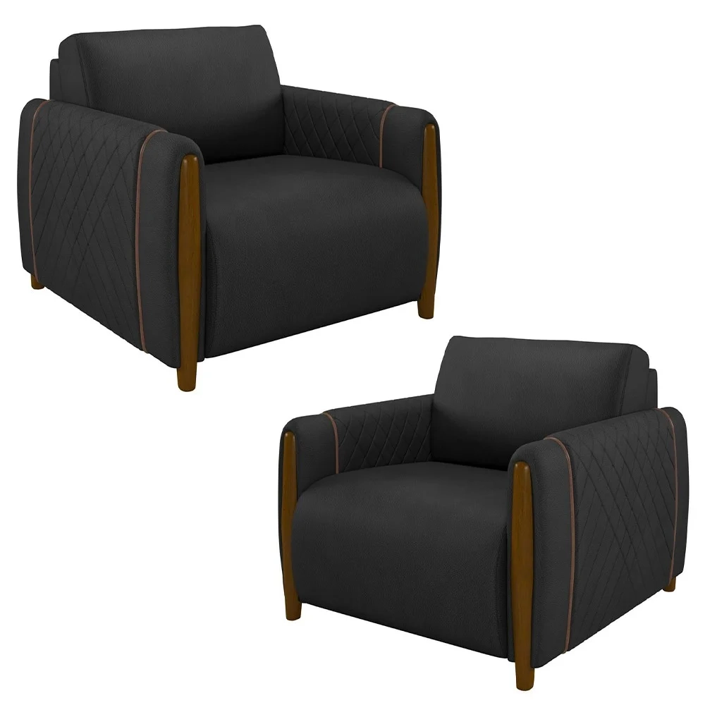 Kit 2 Poltronas Decorativas para Sala de Estar 98cm Amaranto Z32 PU Preto - Mpozenato
