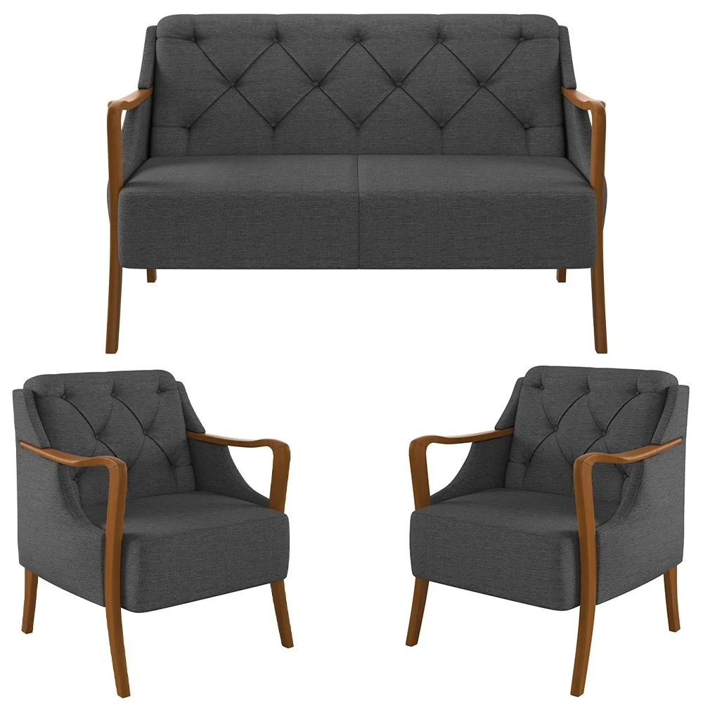 Kit Namoradeira 135cm e 2 Poltronas Decorativas Capitonê Lapa Z32 Linho Cinza Escuro - Mpozenato